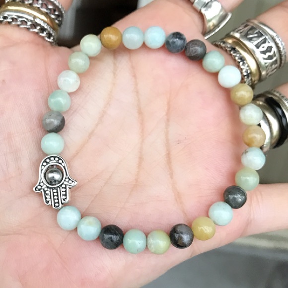 Genuine Amazonite silver hamsa bead boho bracelet - Picture 4 of 9